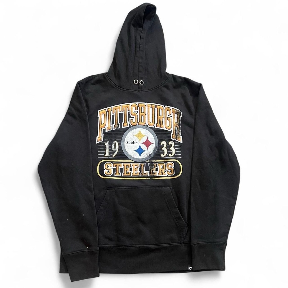 47' Brand Pittsburgh Steelers Black Hoodie Size Large NFL Football Retro Style